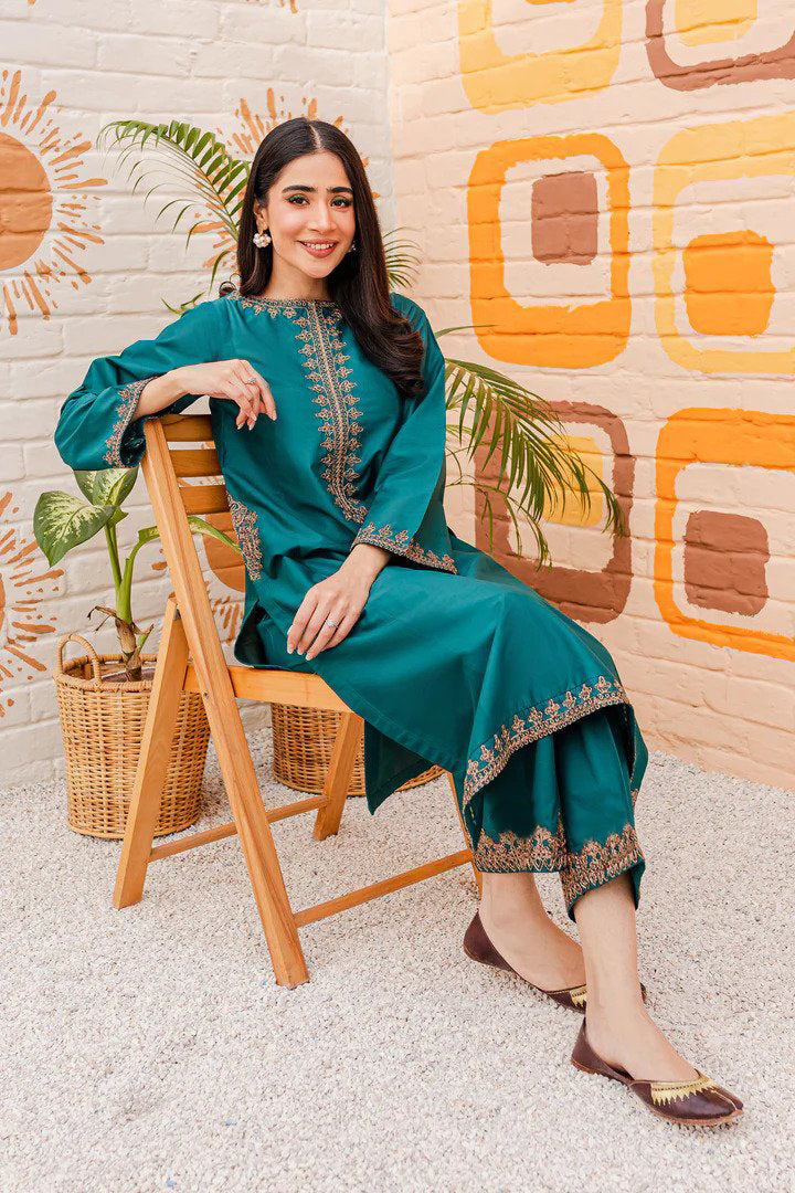 Aqua 2PC-Cotton Stuff Embroidered Stitched Outfit